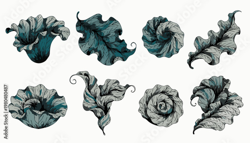 A collection of eight unique blue and gray swirly leaves arranged in two rows on a white background