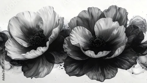 Monochrome floral art depicting close-ups of multiple anemone flowers