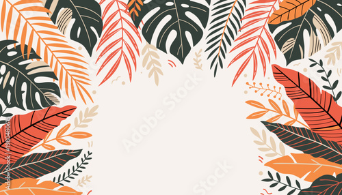 Vibrant tropical leaves frame a serene natural landscape scene with foliage.