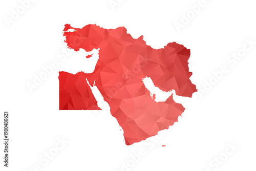 Middle East Map - Polygon Style Vector Illustration in Red Gradient, Low Poly Geometric Design, Isolated on White Background, Perfect for Infographics, Reports, and Educational Materials.