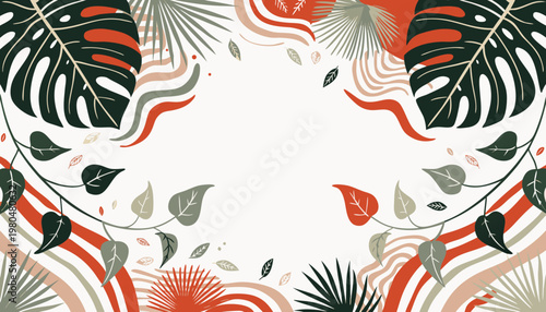 Vibrant tropical leaves create a colorful abstract pattern on a white background.