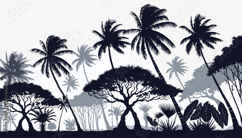 Tropical forest scene with various palm trees and foliage silhouettes against a sunny backdrop.