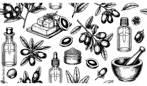 Jojoba Seamless Pattern Botanical Cosmetic Oil Soap Vector Design