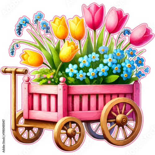 A vintage wooden garden cart with a pink tulip bouquet and antique wheels stands as a charming spring decoration