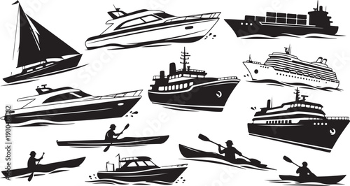 Boat, yacht, ship vector icons, black and white nautical vessels, kayaks, sailboats