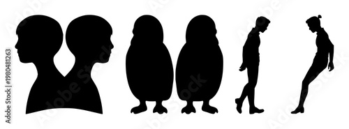 Digital twin silhouette set with solid black icon on white background featuring digital twin, silhouette, iconography with black and white and technology