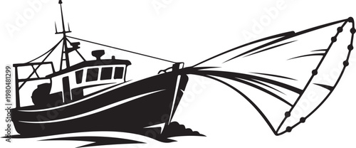 Fishing boat, fishing vessel, silhouette, black and white, vector illustration, nautical, fishing net