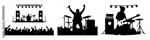 Music festival set with solid black icon on white background featuring music, festival, iconography with event and entertainment