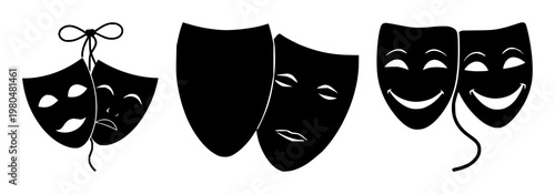 Theater masks set with solid black silhouettes on white background featuring comedy mask, tragedy mask, icon with entertainment and arts