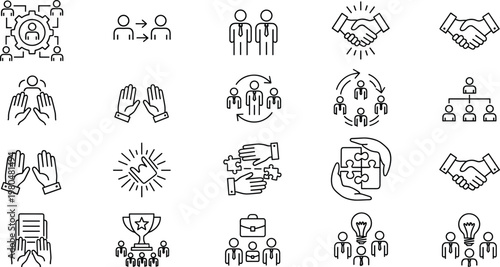 Teamwork collaboration icon set line vector illustration with partnership support leadership communication and business teamwork symbols for organization and management design