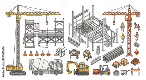 A large collection of construction site elements including cranes, scaffolding, machinery, and workers. Ideal for industrial design, engineering visuals, and simulation games.