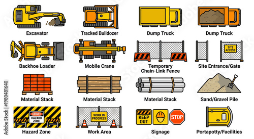A set of construction vehicles including trucks, excavators, and loaders in a clean vector style. Perfect for industrial themes and educational content.