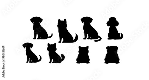 Cute flat cartoon dog breeds vector set with Labrador Husky Poodle Shiba Inu and Bulldog sitting isolated on white