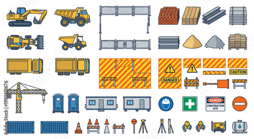 A complete pack of construction equipment, materials, barriers, and workers for industrial and engineering projects. Perfect for simulation and design use.