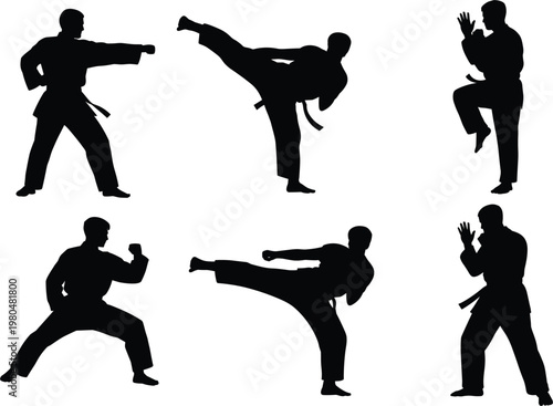 Martial arts silhouettes set, karate fighting poses collection vector illustration for training, sport, fitness branding design