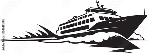 Black and white ferry boat vector, speedboat icon, water transportation illustration, nautical graphic