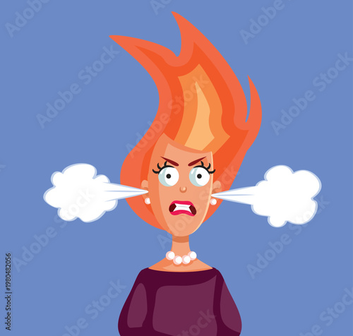 Angry Woman In Flames Feeling Annoyed Vector Cartoon. Infuriated wife fuming and being annoyed and bad tempered