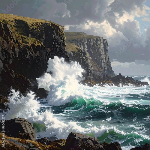 A turbulent sea crashes against rugged cliffs under a cloudy sky