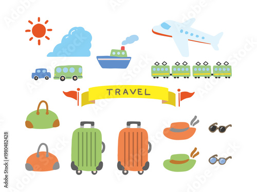 Travel icon set　旅行のアイコンセット　乗り物と旅行バッグの手書き風イラスト　フラットデザイン