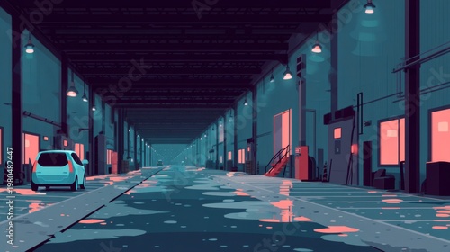 Urban industrial warehouse scene abandoned location digital art minimalist environment perspective view creative concept