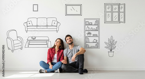 Smiling couple imagining their new home interior with furniture drawings on wall perfect for house planning and real estate dreams