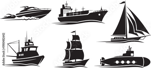 Black boat icons, sailboat, yacht, ship, submarine, nautical, vector graphics