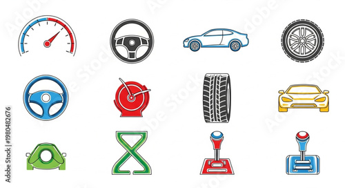Automotive Icons Collection Speedometer Steering Wheel Car Tire Gear Shift.