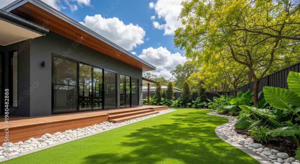Obraz premium A modern house with a large glass window and a well-manicured lawn surrounded by trees and plants on a sunny day.
