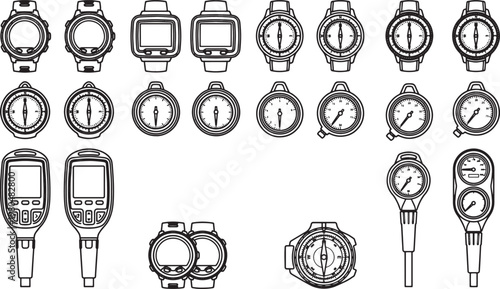An array of compasses and wristwatches in black and white, meticulously crafted as line drawings, showcasing diverse styles and designs. 
