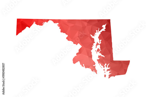 Maryland Map - Polygon Style Vector Illustration in Red Gradient, Low Poly Geometric Design, Isolated on White Background, Perfect for Infographics, Reports, and Educational Materials.