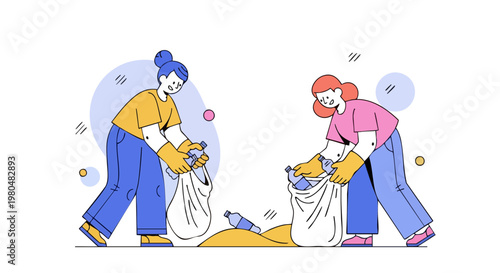 Volunteers cleaning plastic waste and collecting bottles for recycling