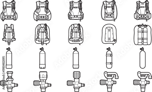 Divers' essentials, arranged as a graphic array. Featuring BCDs, cylinders, and regulator. Meticulously designed. Perfect for illustrating diving concepts.