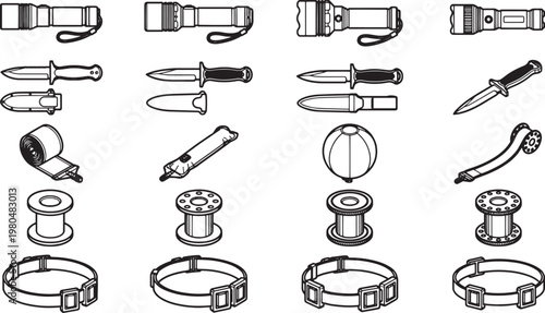 Set of equipment on the white background, a variety of equipment presented with its various component.