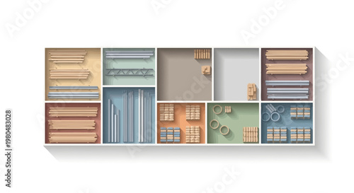 Minimalist Building Materials Storage and Organization Top View with Lumber, Pipes, and Construction Supplies in Compartments