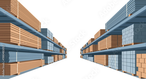 Industrial Warehouse Aisle with Building Materials and Lumber Stacks on High Shelves Illustration