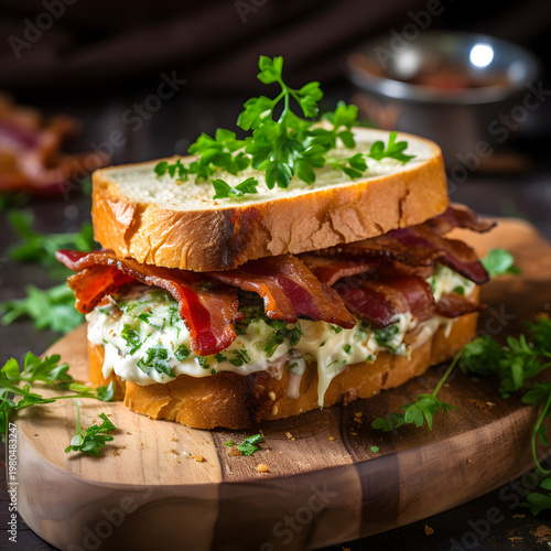 Crispy savory bacon sandwich prepared with creamy white dressing and fresh green herbs served on toasted rustic white bread slices creates a delightful gourmet meal experience that highlights the mout