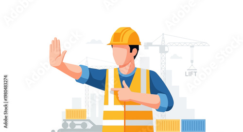 Construction Worker in Safety Vest and Hard Hat Making Stop Hand Gesture at Construction Site, Flat Vector Illustration for Industrial Safety and Warning Concept
