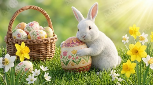 Cute white bunny next to a basket of Easter eggs and spring flowers in grass