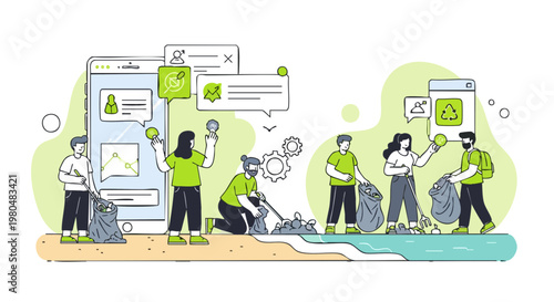 Beach cleanup volunteers using mobile app for environmental action