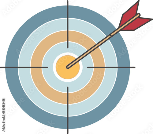 A perfectly aimed arrow striking the bullseye of a colorful target board, symbolizing achievement, precision, and successful goal accomplishment.