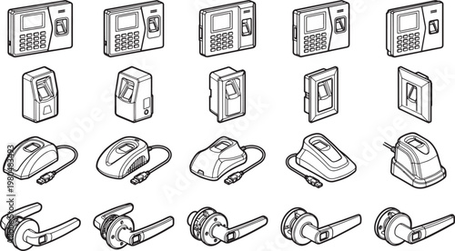 A comprehensive collection of access control system equipment arranged in neat rows, representing the tools of modern security and facility management.