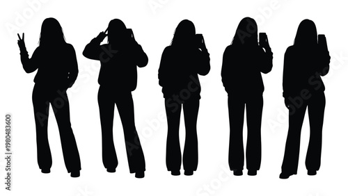 Silhouettes of five women in various poses against a white background