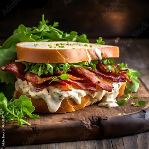 Delicious toasted sandwich featuring crispy golden brown bacon slices layered with fresh green arugula leaves and generous amounts of creamy white mayonnaise sauce served on a rustic wooden cutting bo