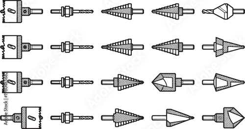 A variety of drill bits in a row, each designed for different tasks and materials.