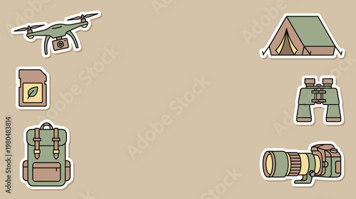 Collection of outdoor adventure and nature exploration gear, including a drone, backpack, tent, binoculars, and camera.