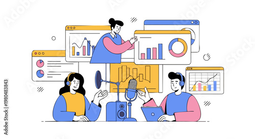 Digital Marketing Podcast and Data Analytics Vector Illustration