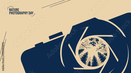 Illustration celebrating Nature Photography Day with a stylized camera lens revealing a forest scene.