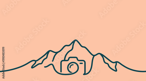 Minimalist line art of a camera nestled within a mountain range silhouette.