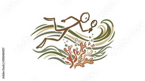 Cartoon Stick Figure Snorkeling Underwater with Magnifying Glass