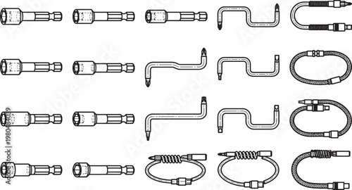 A comprehensive collection of various mechanic tool wrenches with detailed lines and intricate designs, perfect for illustrating the versatility of tools in various projects.